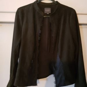 Black jacket with black lace trim.